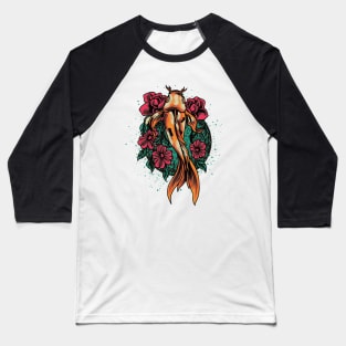 Retro Koi Fish and Red Flowers Baseball T-Shirt